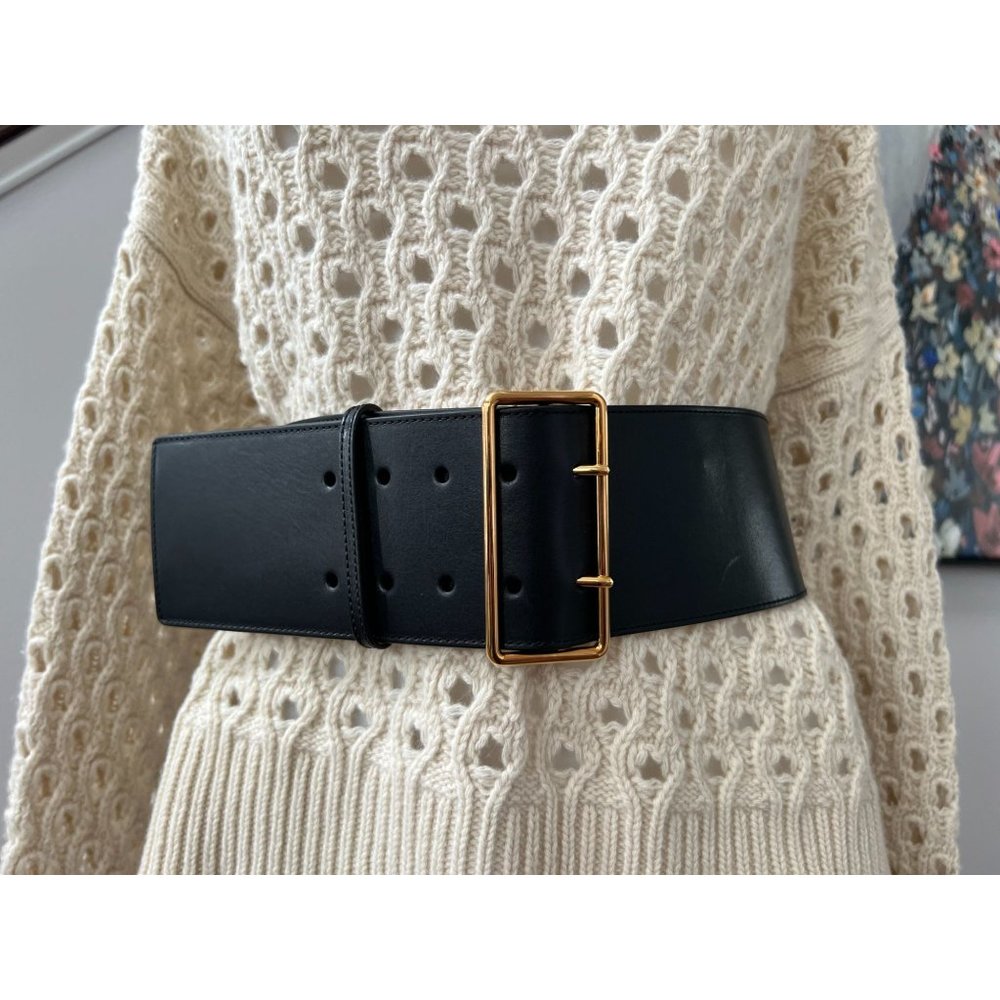 Alexander McQueen Black Leather Wide Belt with Gold Buckle - Picture 5 of 16